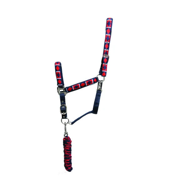 Hy Equestrian Woven Polo Head Collar and Lead Rope Navy/Red