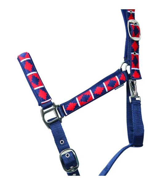 Hy Equestrian Woven Polo Head Collar and Lead Rope Navy/Red