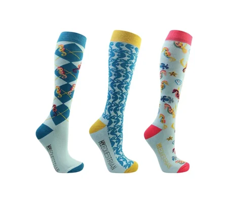 Hy Equestrian Shanti Seahorse Socks (Pack of 3) - Light Blue/Blue - Adult 4-8