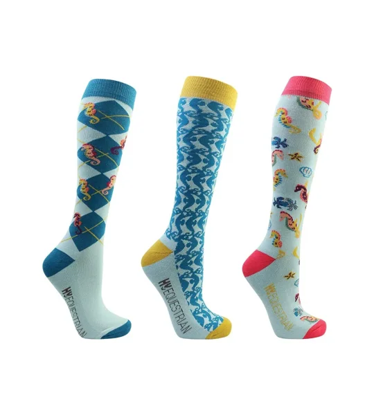 Hy Equestrian Shanti Seahorse Socks (Pack of 3) - Light Blue/Blue - Adult 4-8