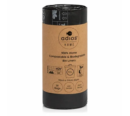 Adios Compostable Tie Handle 30 Lt Bin Liners - Single Roll (20 Bags)