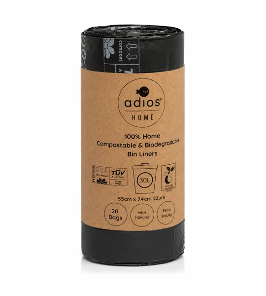 Adios Compostable Tie Handle 30L Bin Liners single roll of 20 bags
