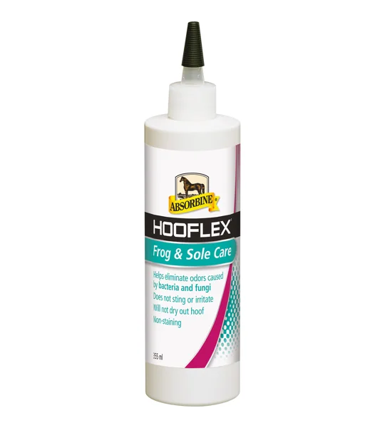 355ml squeeze bottle of Absorbine Hooflex Frog and Sole Care horse hoof liquid treatment
