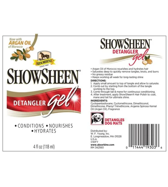 Absorbine ShowSheen Detangler Gel 118ml tube for horse manes and tails