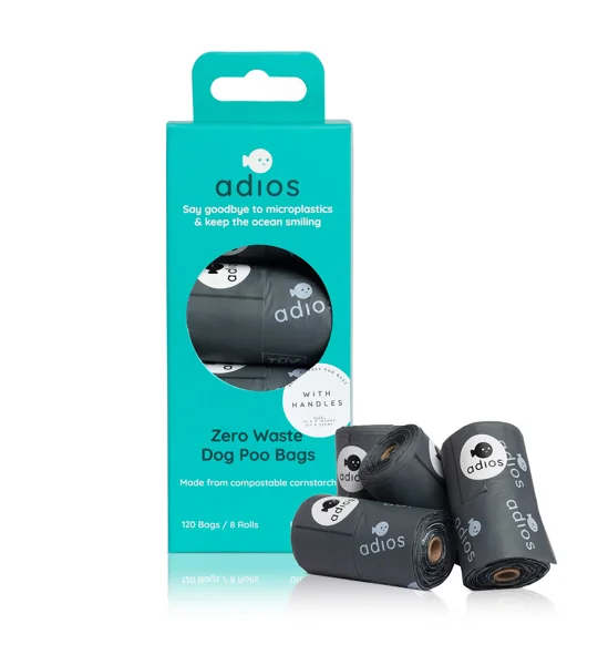 Adios Compostable Handle on a Roll Poo Bags Grey 8 rolls 120 pack