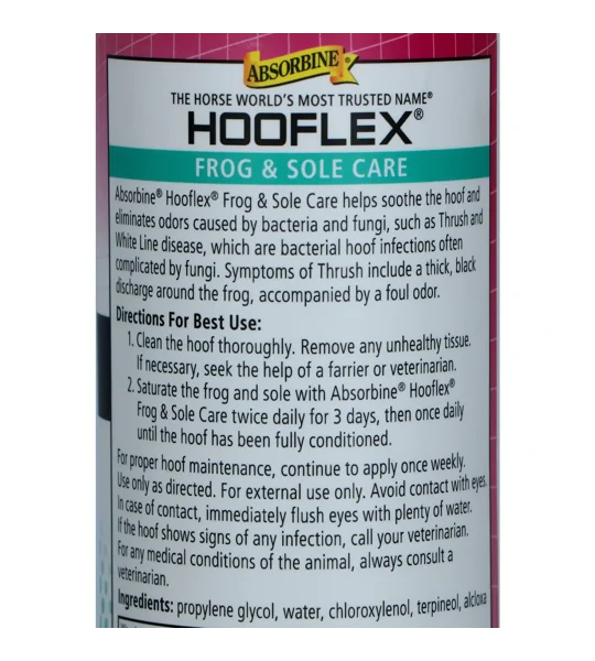 355ml squeeze bottle of Absorbine Hooflex Frog and Sole Care horse hoof liquid treatment