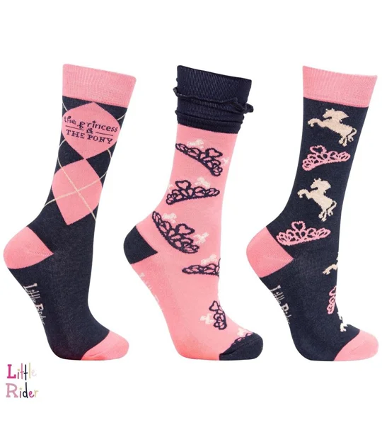 The Princess and the Pony Socks by Little Rider (Pack of 3) - Navy/Peach - Child 8-12