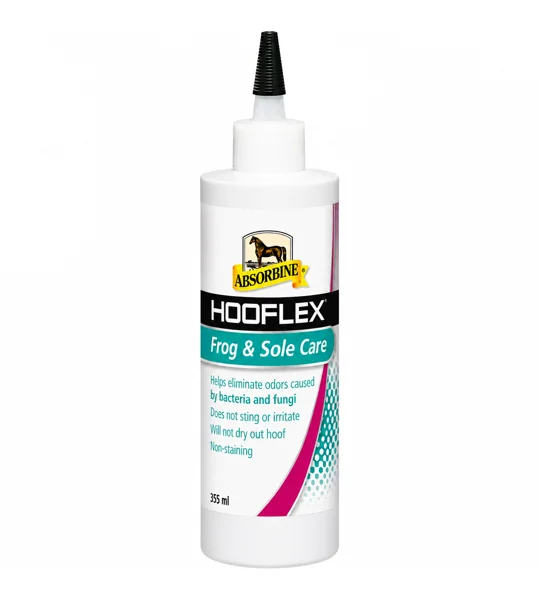 355ml squeeze bottle of Absorbine Hooflex Frog and Sole Care horse hoof liquid treatment