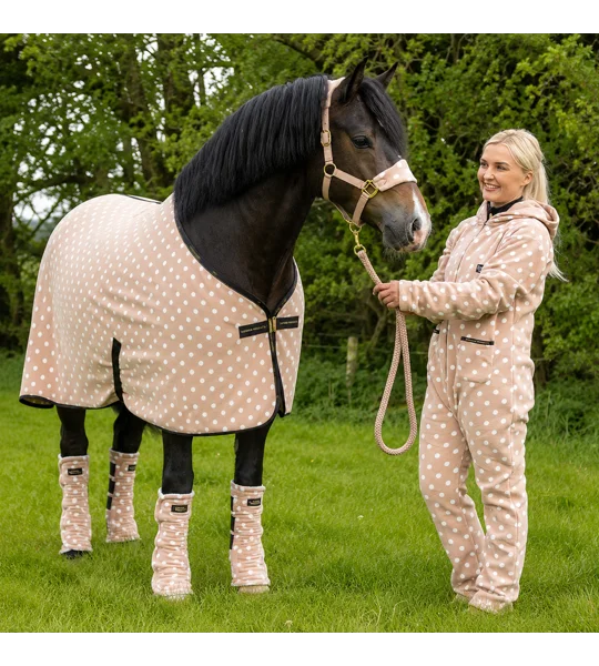 Supreme Products Child's Dotty Fleece Onesie Luxurious Latte super-soft fleece children's equestrian onesie with hood and polka-dot design for competitions and yard wear