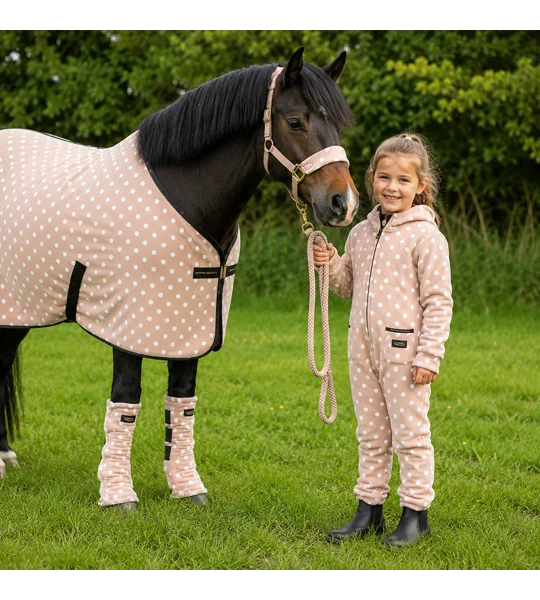 Supreme Products Child's Dotty Fleece Onesie Luxurious Latte super-soft fleece children's equestrian onesie with hood and polka-dot design for competitions and yard wear