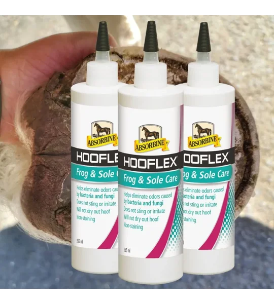 355ml squeeze bottle of Absorbine Hooflex Frog and Sole Care horse hoof liquid treatment