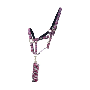 Hy Equestrian Tartan Head Collar with Lead Rope - Raspberry/White/Navy