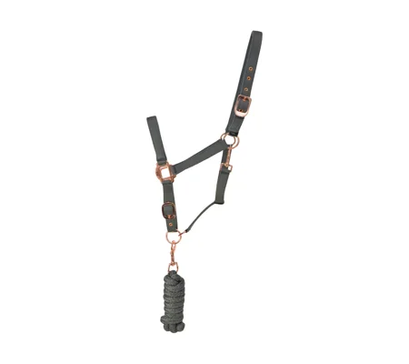 Hy Equestrian Rose Gold Head Collar and Lead Rope - Grey/Rose Gold