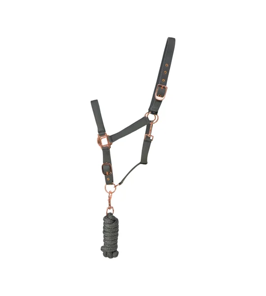 Hy Equestrian Rose Gold Head Collar and Lead Rope - Grey/Rose Gold
