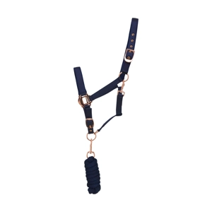 Hy Equestrian Rose Gold Head Collar and Lead Rope - Navy/Rose Gold