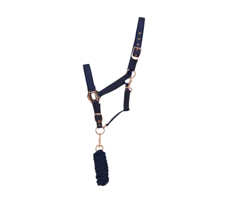 Hy Equestrian Rose Gold Head Collar and Lead Rope - Navy/Rose Gold