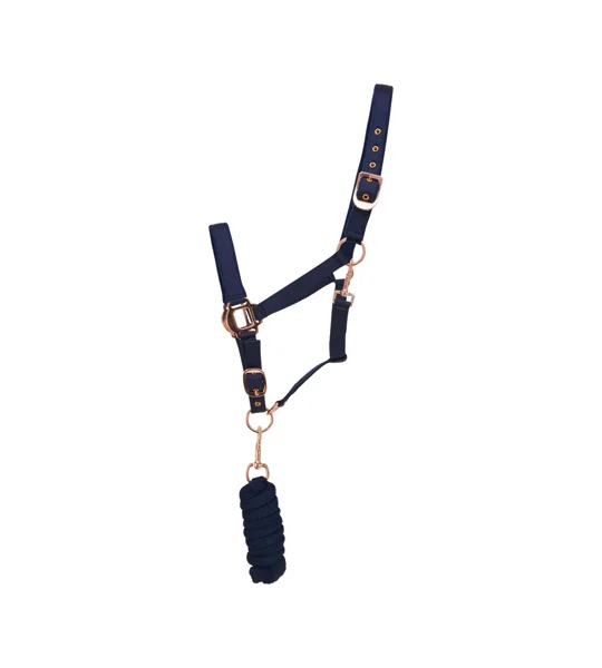 Hy Equestrian Rose Gold Head Collar and Lead Rope - Navy/Rose Gold