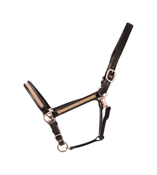 Hy Equestrian Rosciano Rose Gold Leather Head Collar - Brown/Rose Gold