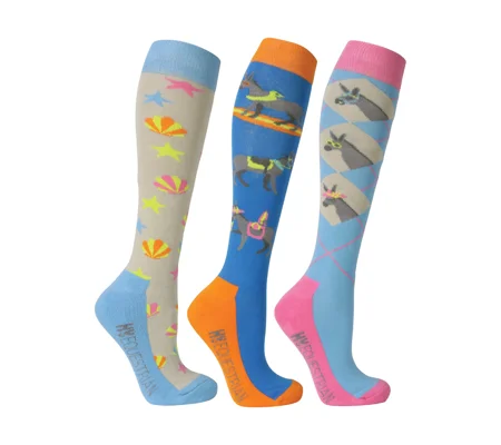 Hy Equestrian Seaside Donkey Socks (Pack of 3) - Sea Blue/Sunset Orange - Adult 4-8