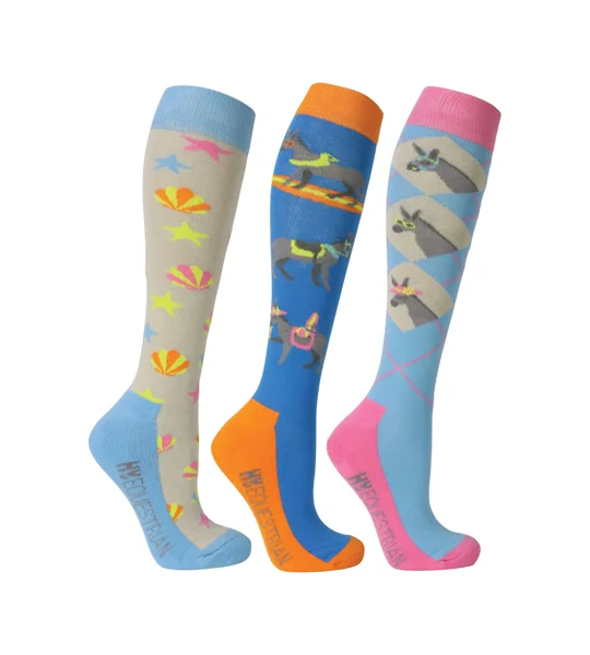 Hy Equestrian Seaside Donkey Socks (Pack of 3) - Sea Blue/Sunset Orange - Adult 4-8