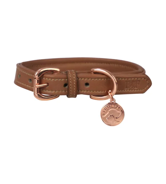 Benji & Flo Deluxe Padded Leather Dog Collar - Tan/Rose Gold