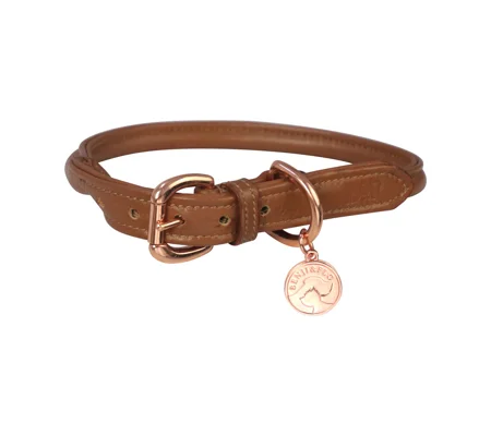 Benji & Flo Superior Rolled Leather Dog Collar - Tan/Rose Gold