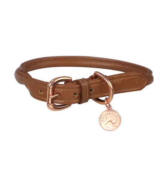 Benji & Flo Superior Rolled Leather Dog Collar - Tan/Rose Gold