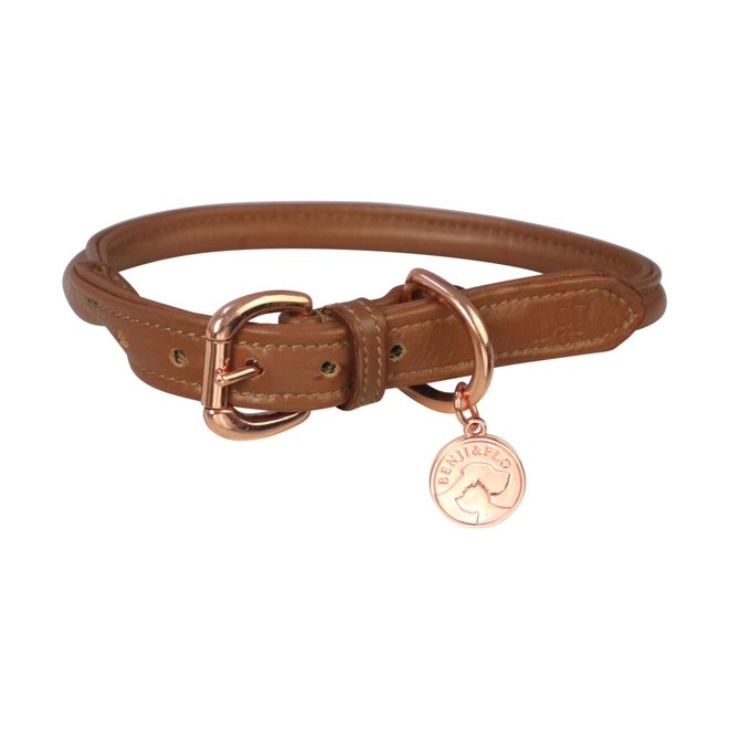 product Image for Benji & Flo Superior Rolled Leather Dog Collar - Tan/Rose Gold