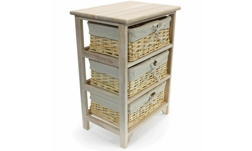 3 TIER DRAWERS WOODEN STORAGE CABINET RACK WICKER BASKETS BEDROOM UNIT FURNITURE