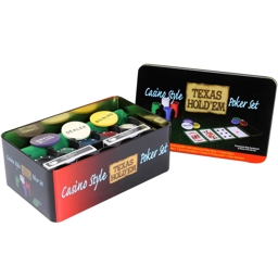 200 Piece Texas Hold Em Poker Set Tin Case Cards Deck Chip..