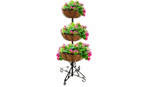 Garden 3 Tier Flower Fountain Coco Liner Black Metal Patio Planter Plant Pot Tub Garden 3 Tier Flower Fountain Coco Liner Black Metal Patio Planter Plant Pot Tub