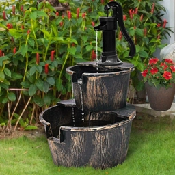 2 Tier Garden Wooden Effect Plastic Barrel Water Fountain ..