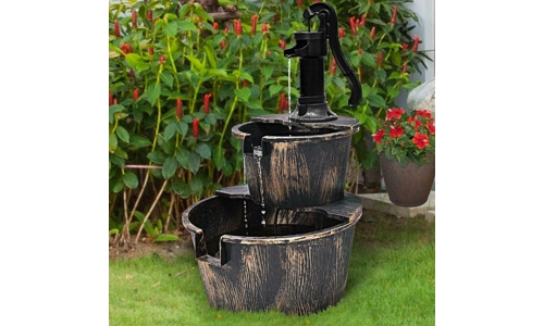 2 Tier Garden Wooden Effect Plastic Barrel Water Fountain Pump Cascading Feature
