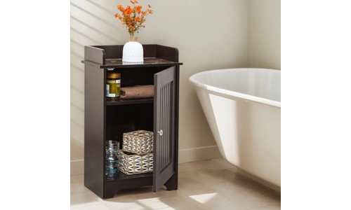 Bathroom Storage Floor Cabinet Wooden Brown Door Cupboard Shelves Organiser Unit