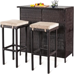 3 Piece Garden Patio Rattan Wicker Bar Table 2 Stool Chair..