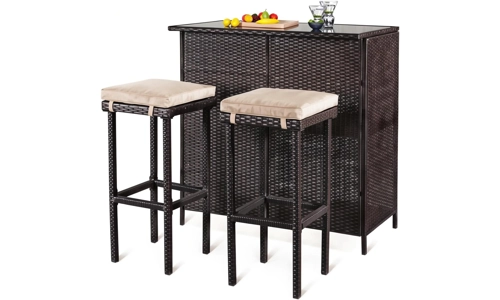 3 Piece Garden Patio Rattan Wicker Bar Table 2 Stool Chairs Bistro Furniture Set