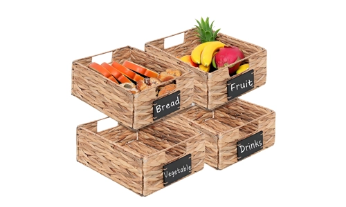 Set Of 4 Water Hyacinth Pantry Storage Baskets Organiser With Chalkboard Handles