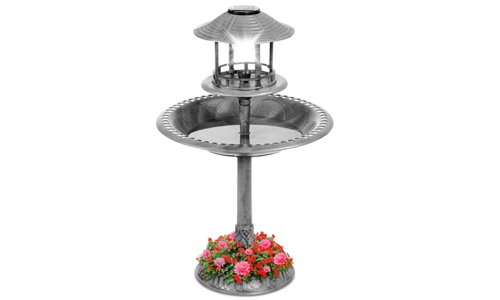 Grey Pedestal Bird Bath Feeder Planter Solar Light Garden Feeding Table Station