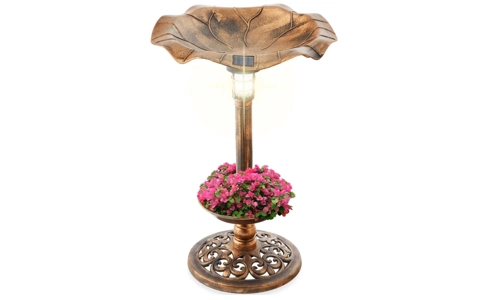 Bronze Effect Plastic Pedestal Bird Bath Garden Feeder Planter With Solar Light