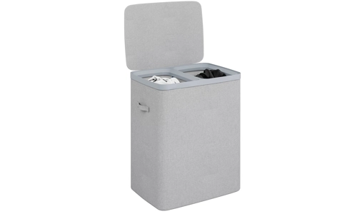 Grey Double Laundry Seperation Hamper Bin Large Clothes Washing Basket With Lid