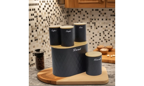 Black 5 Pcs Tea Coffee Sugar Jars Bread Biscuit Kitchen Canisters Set Bamboo Lid
