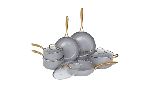 Grey Gold Induction 10 Pc Cookware Set Non Stick Frying Pan Saucepan Cooking Pot