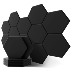 12 x Black Hexagon Self Adhesive Acoustic Wall Panels Soun..
