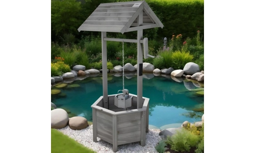 Wooden Grey Wishing Well Bucket Planter Plant Flower Pot Garden Patio Ornament