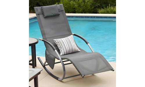 Grey Sun Lounger Garden Rocking Chair Recliner Patio Seat with Pillow Headrest