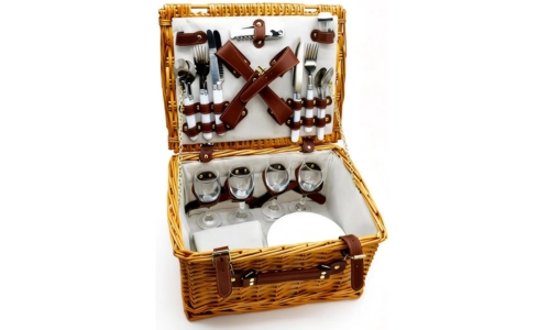 Luxury Wicker Picnic Basket Gift Hamper Set for 4 w/ Wine Glasses & Cutlery Set