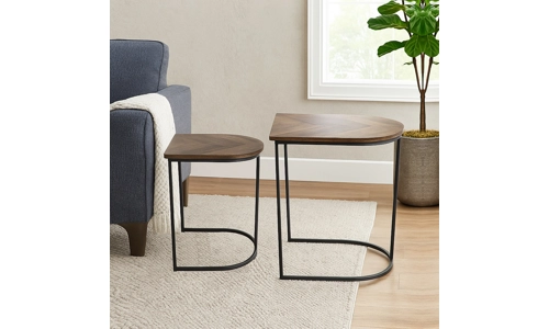 Nest of 2 Coffee Table Metal Wood Chevron Modern Side Tables Set For Living Room