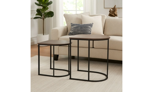 Nest of 2 Coffee Table Metal Wooden Woodgrain Side Tables Set For Living Room