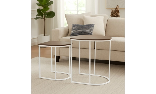 Nest of 2 Coffee Table White Metal Wooden Woodgrain Side Tables Set Living Room