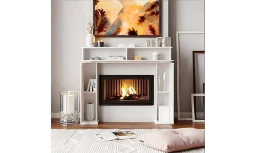 Wooden White Fireplace Surround Mantelpiece Storage Cabinet Shelves Unit Stand
